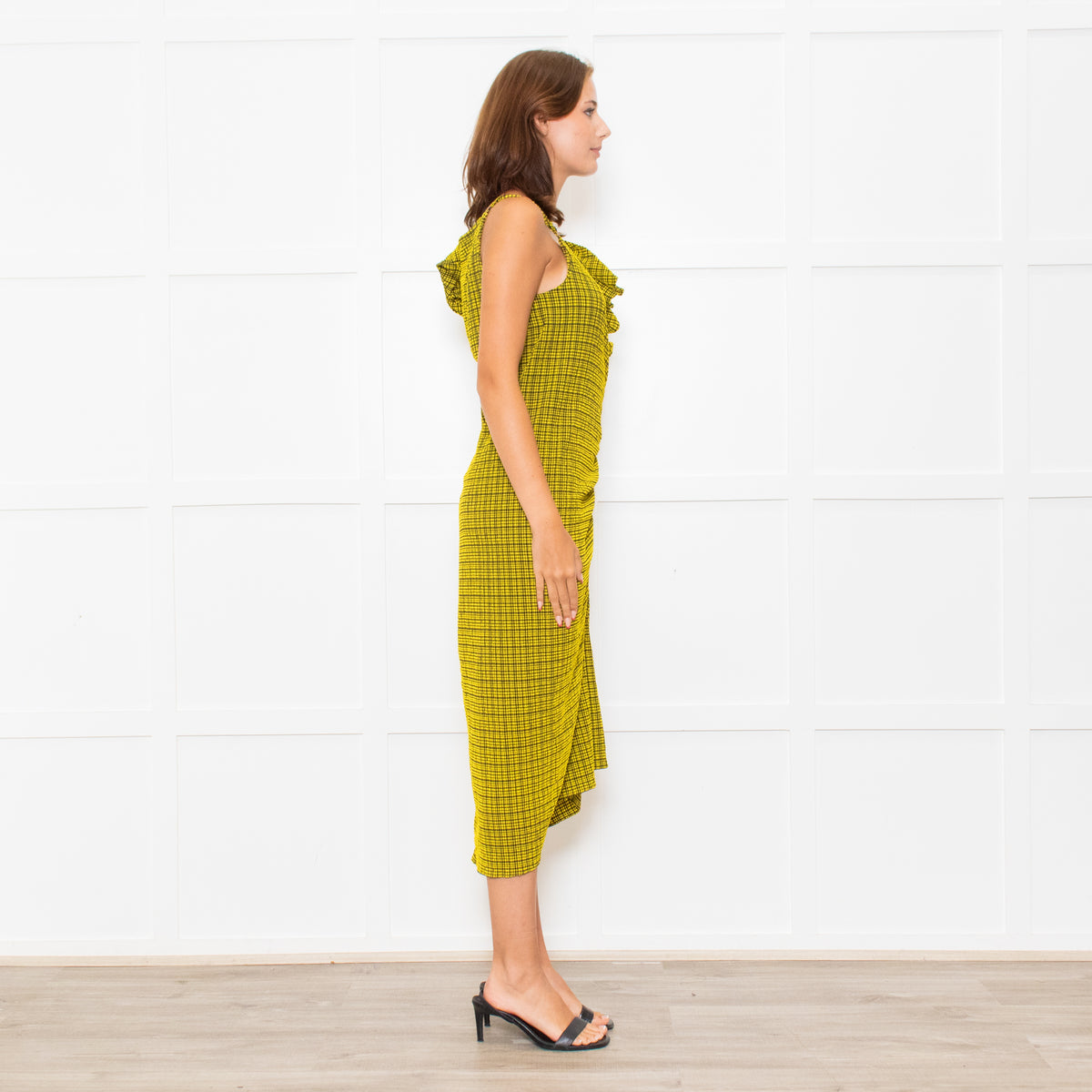 Bimba Y Lola Yellow Black Check One Off Shoulder Frill Detail Midi Dress