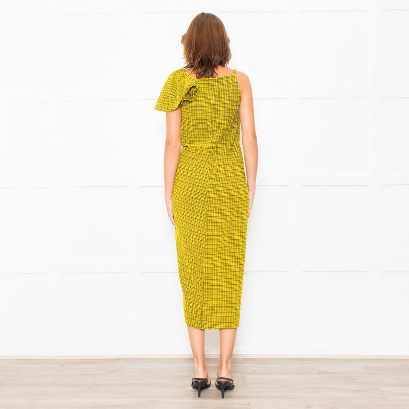 Bimba Y Lola Yellow Black Check One Off Shoulder Frill Detail Midi Dress