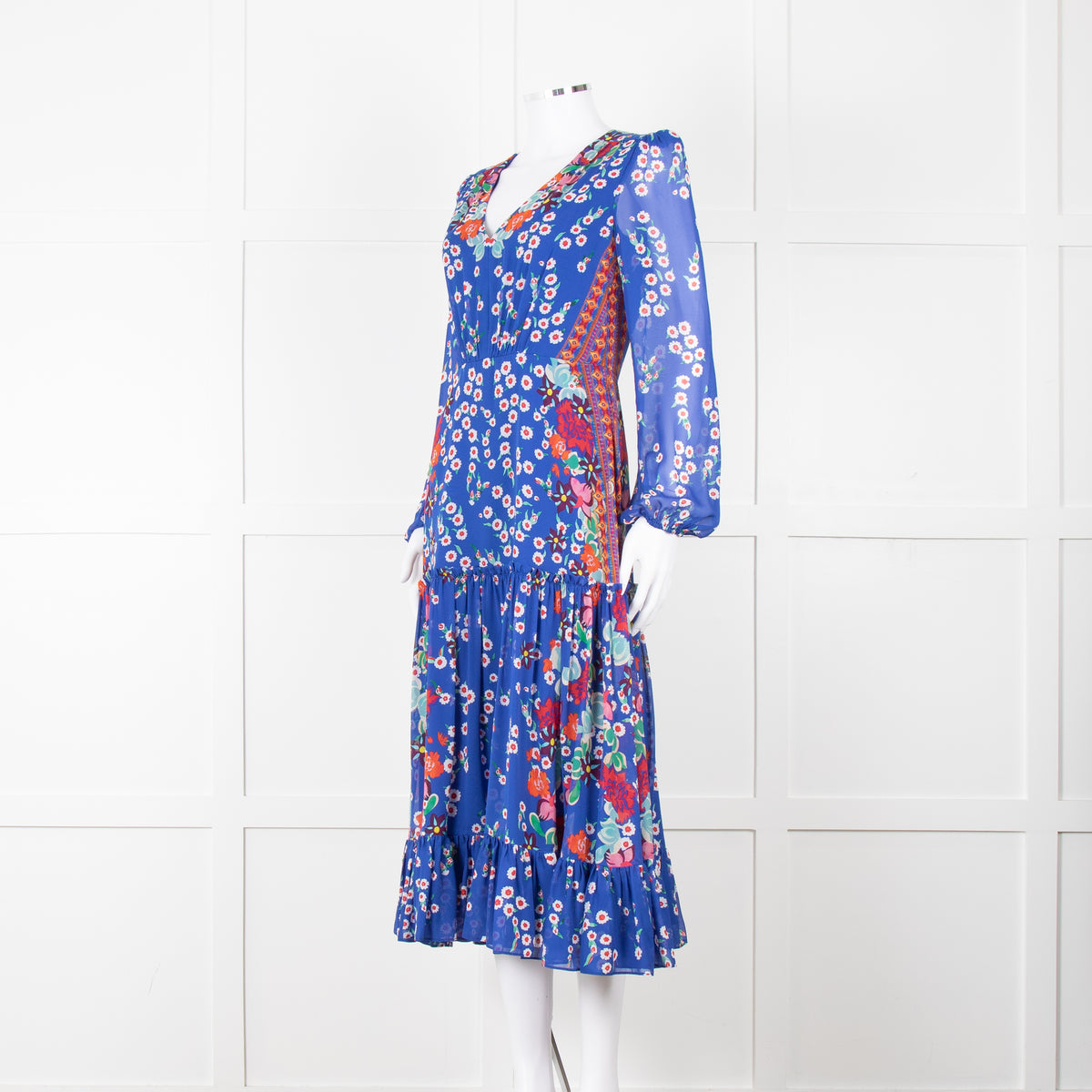 Saloni Blue Long Sleeve Floral Midi Dress with Tiered Skirt,