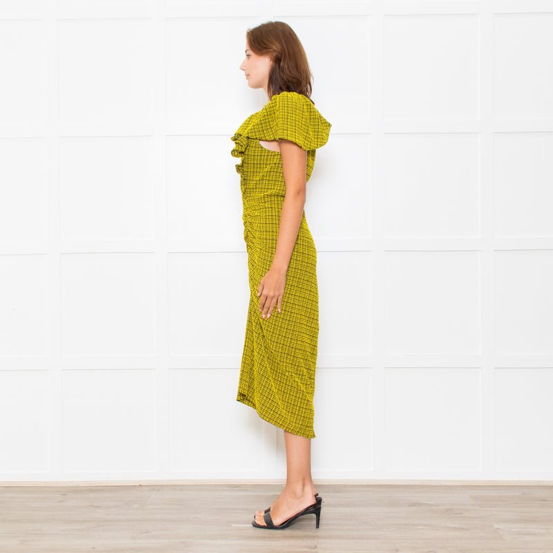 Bimba Y Lola Yellow Black Check One Off Shoulder Frill Detail Midi Dress