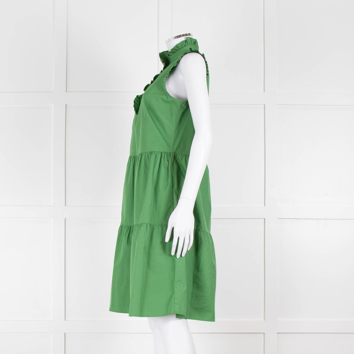 0039 Italy Green Cotton Ruffle Trim Shift Dress