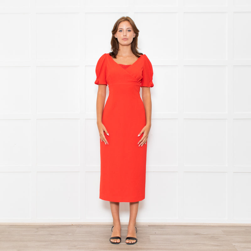 Emilia Wickstead Red High Waisted Fitted Short Sleeve Dress