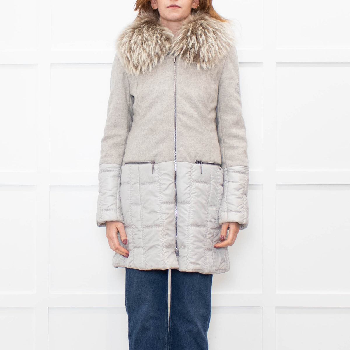 Airfield Light Grey Wool Quilted Fur Trim Coat