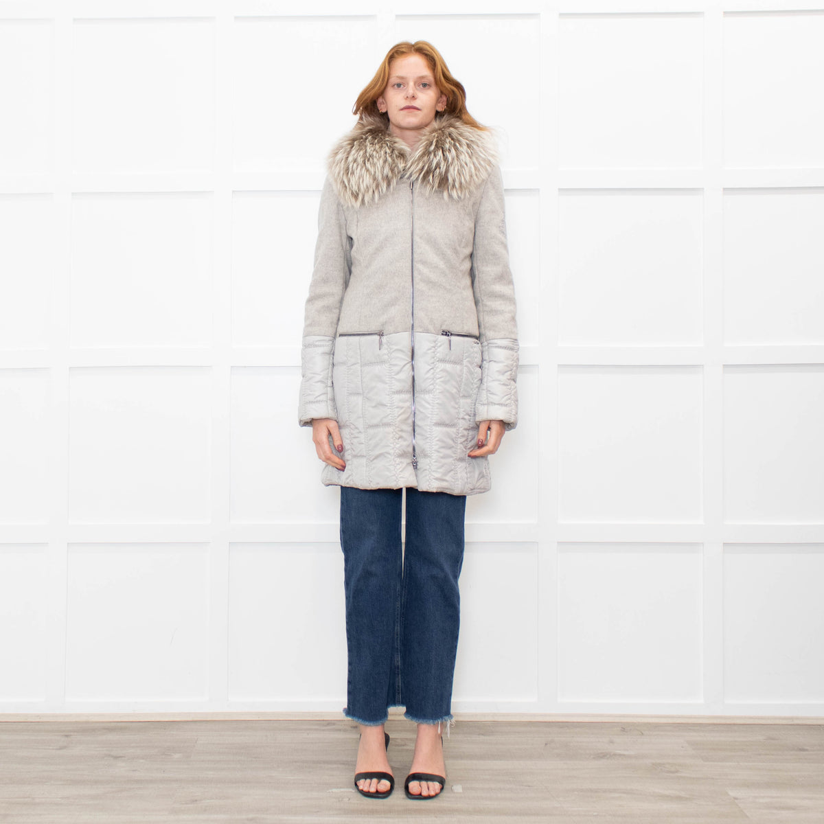 Airfield Light Grey Wool Quilted Fur Trim Coat