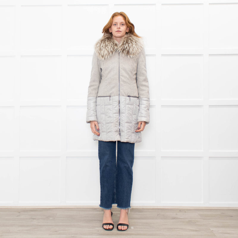 Airfield Light Grey Wool Quilted Fur Trim Coat