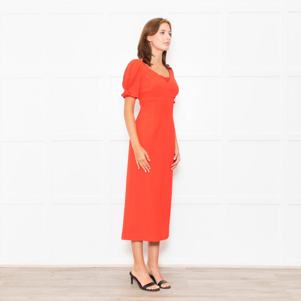 Emilia Wickstead Red High Waisted Fitted Short Sleeve Dress