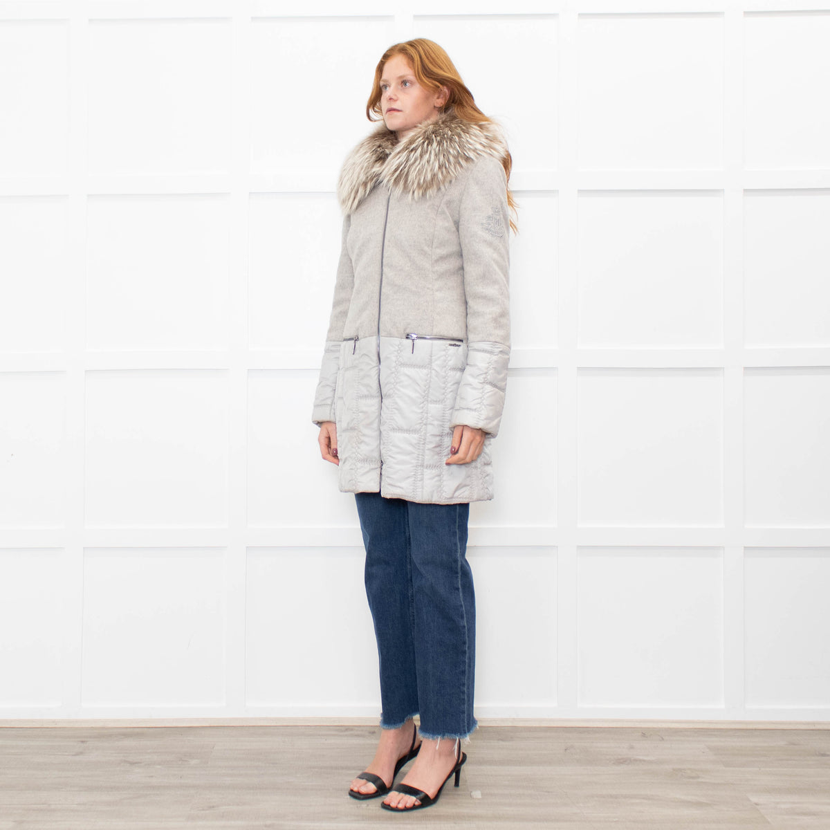 Airfield Light Grey Wool Quilted Fur Trim Coat