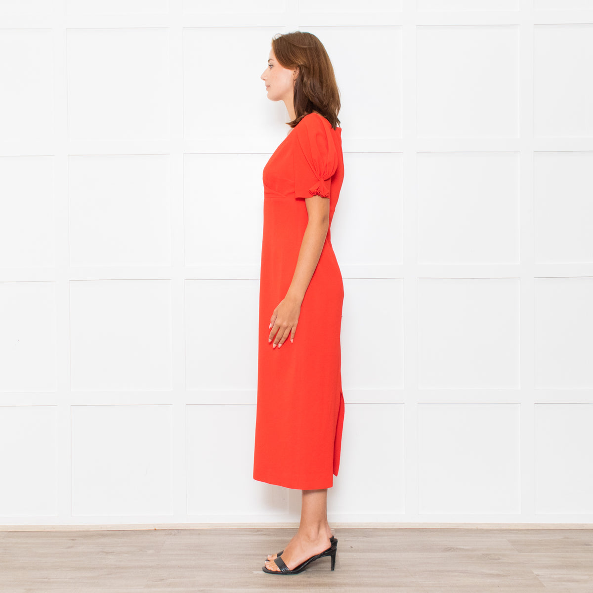 Emilia Wickstead Red High Waisted Fitted Short Sleeve Dress