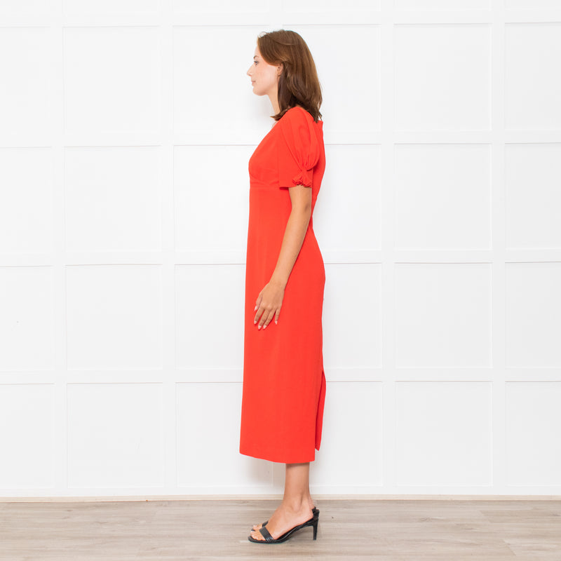 Emilia Wickstead Red High Waisted Fitted Short Sleeve Dress