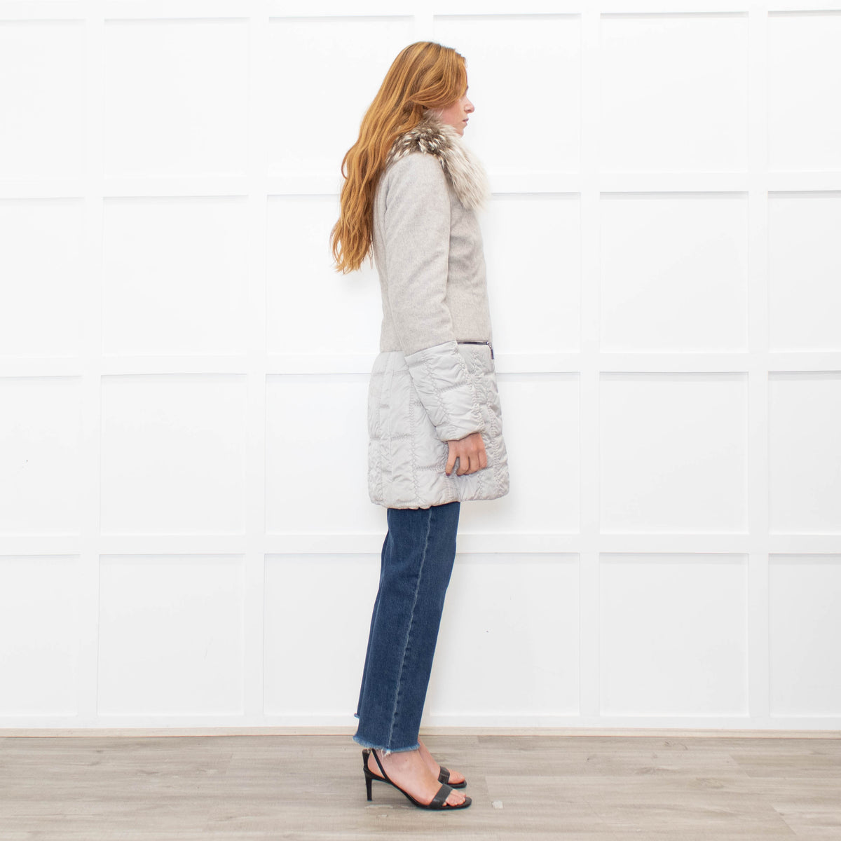 Airfield Light Grey Wool Quilted Fur Trim Coat