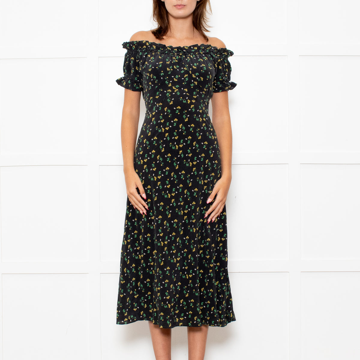 Rixo Black Yellow Green Floral Frill Detail Silk Midi Dress