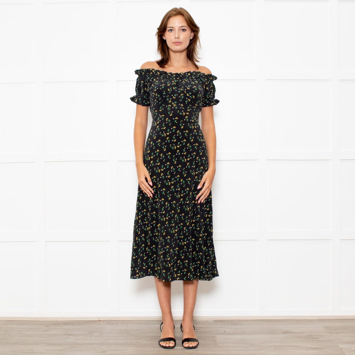 Rixo Black Yellow Green Floral Frill Detail Silk Midi Dress