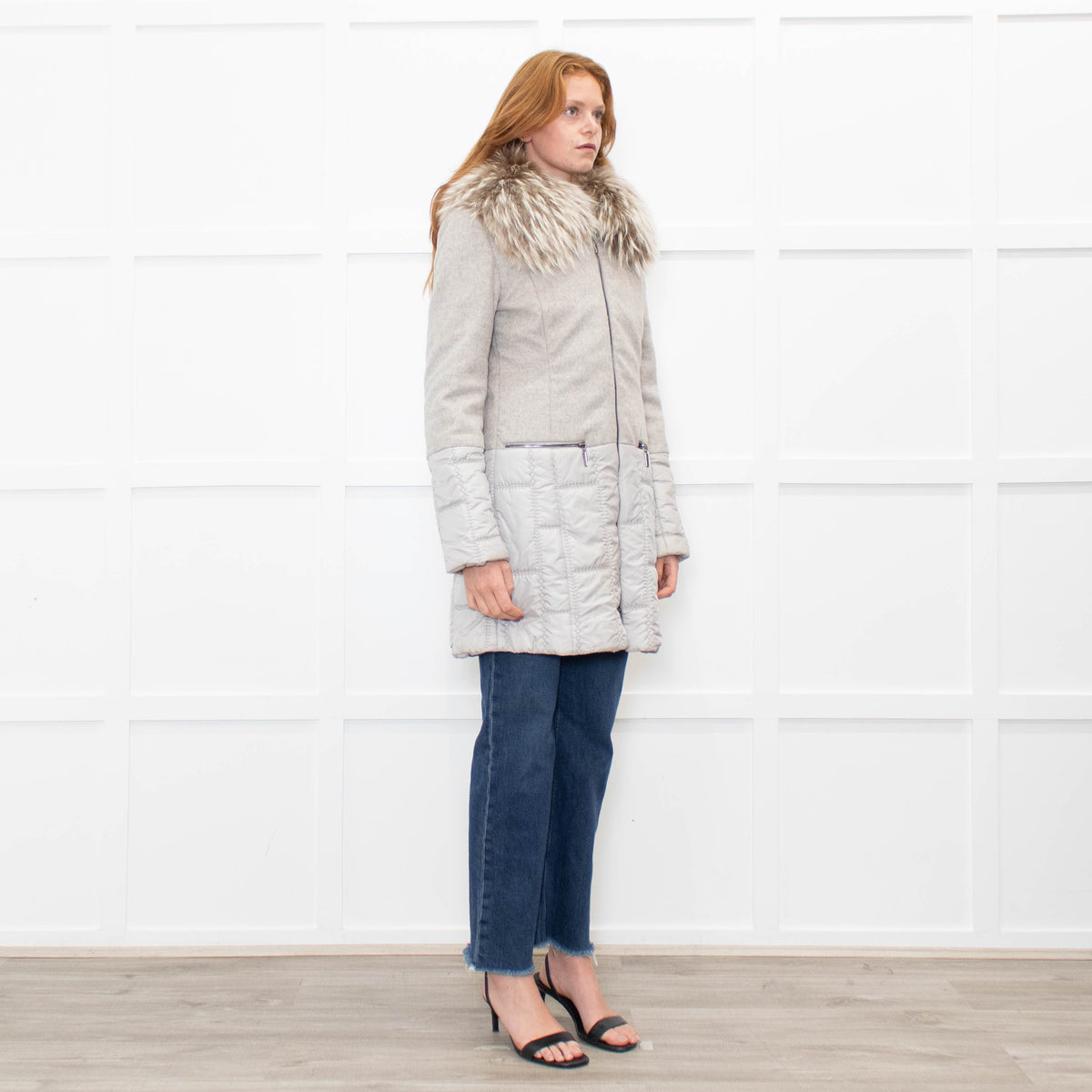 Airfield Light Grey Wool Quilted Fur Trim Coat