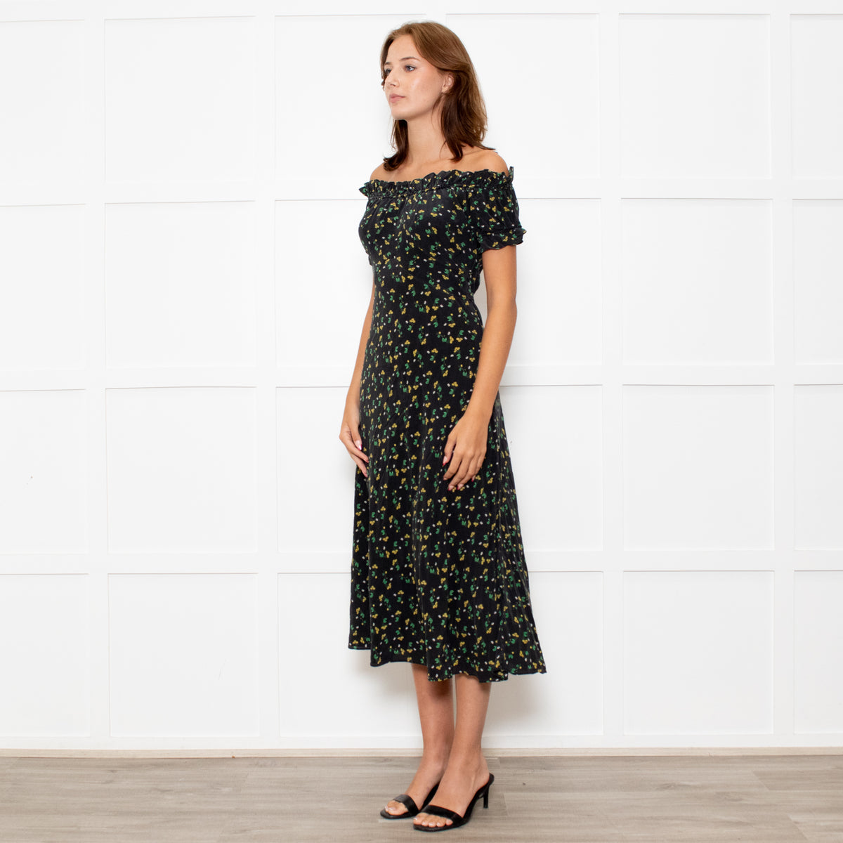 Rixo Black Yellow Green Floral Frill Detail Silk Midi Dress