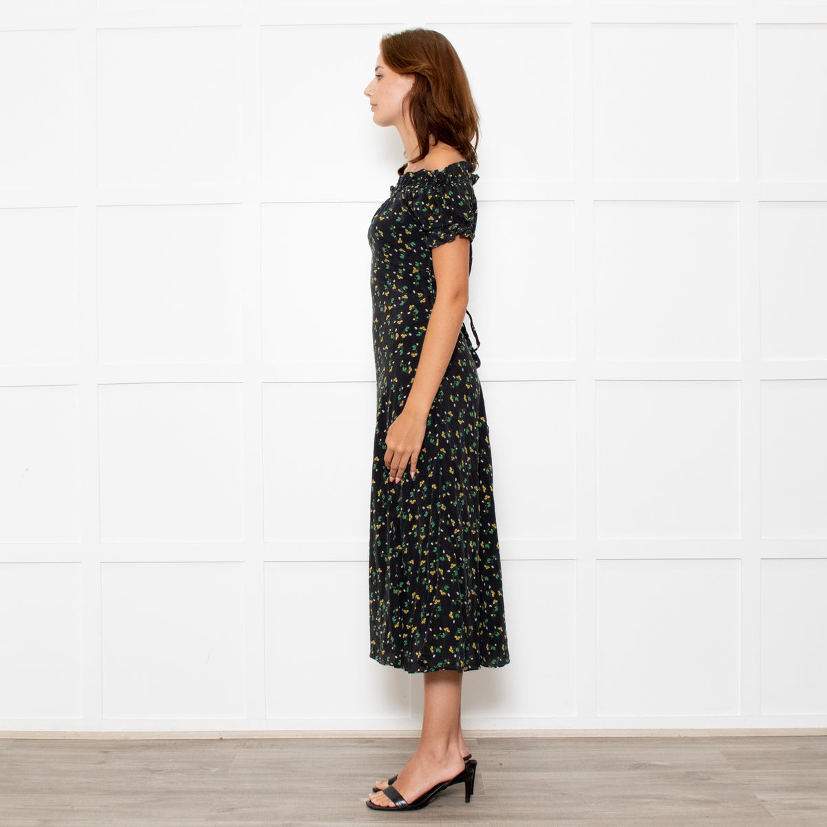 Rixo Black Yellow Green Floral Frill Detail Silk Midi Dress