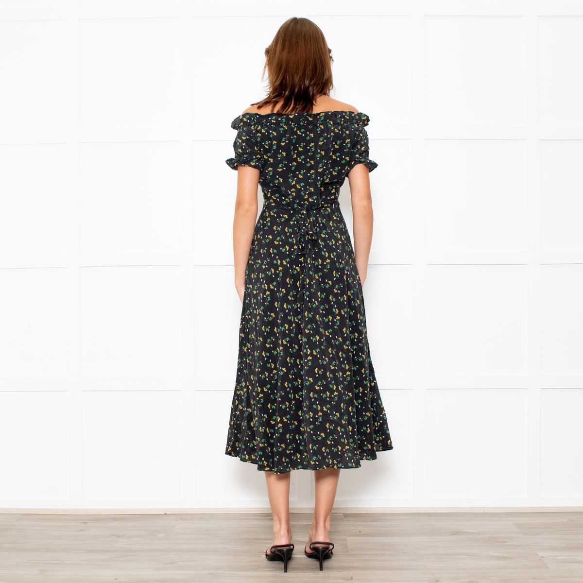 Rixo Black Yellow Green Floral Frill Detail Silk Midi Dress