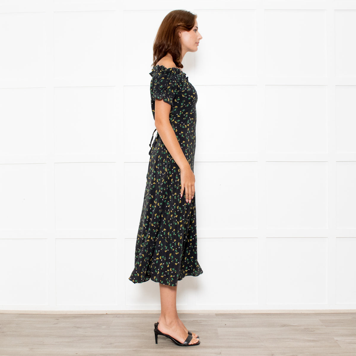 Rixo Black Yellow Green Floral Frill Detail Silk Midi Dress