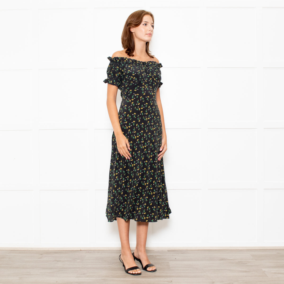 Rixo Black Yellow Green Floral Frill Detail Silk Midi Dress