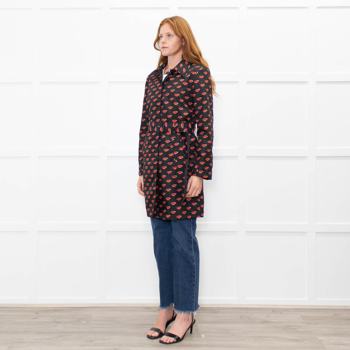 Prada Black Red Lip Print Belted Nylon Trench Coat