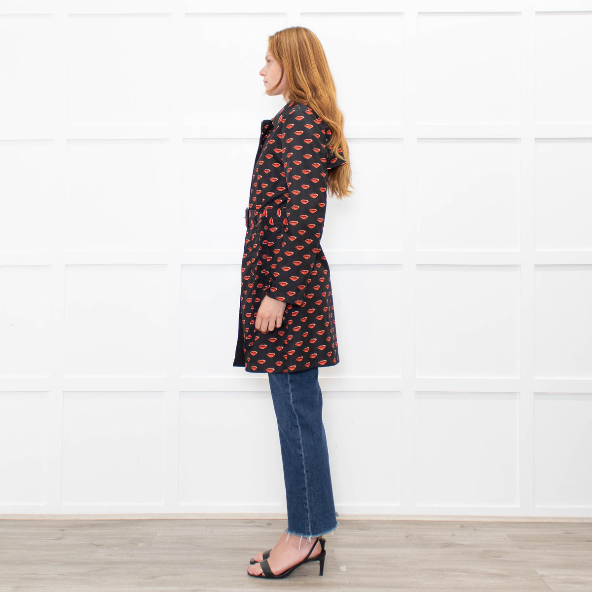 Prada Black Red Lip Print Belted Nylon Trench Coat