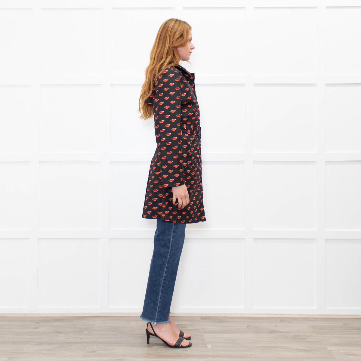 Prada Black Red Lip Print Belted Nylon Trench Coat