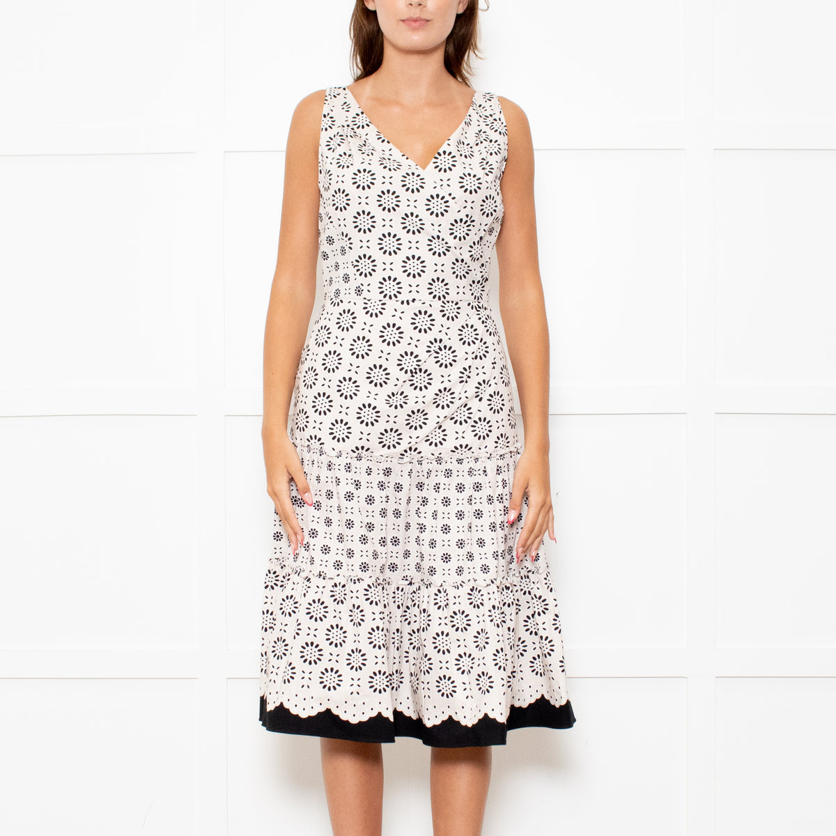 Oscar De La Renta Cream Black Flower Print Tiered Dress