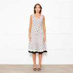 Oscar De La Renta Cream Black Flower Print Tiered Dress