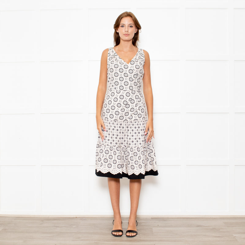 Oscar De La Renta Cream Black Flower Print Tiered Dress