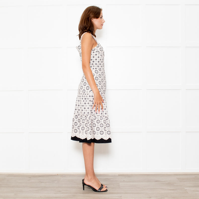 Oscar De La Renta Cream Black Flower Print Tiered Dress