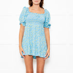 Faithfull The Brand Blue Yellow Rose Smocked Waist Mini Dress