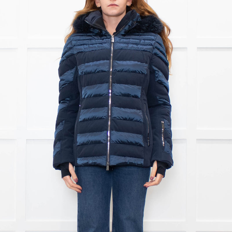 Toni Sailer Navy Blue Fur Trim Hood Ski Jacket