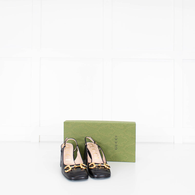 Gucci Black Leather Horsebit Heeled Slingbacks