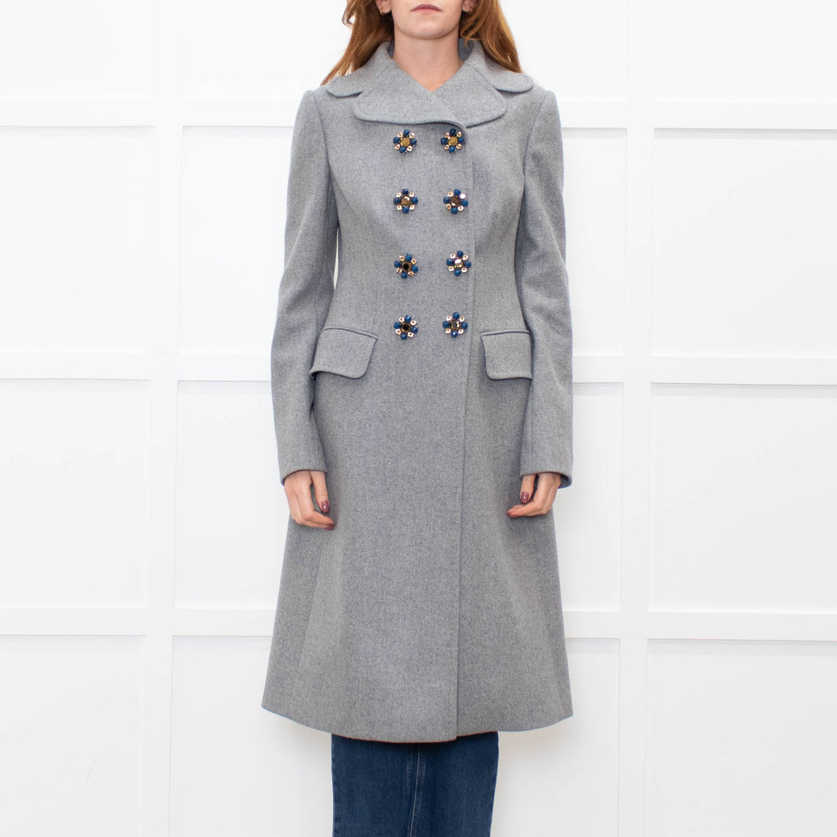 Dolce & Gabbana Grey Wool Crystal And Bead Button Long Coat