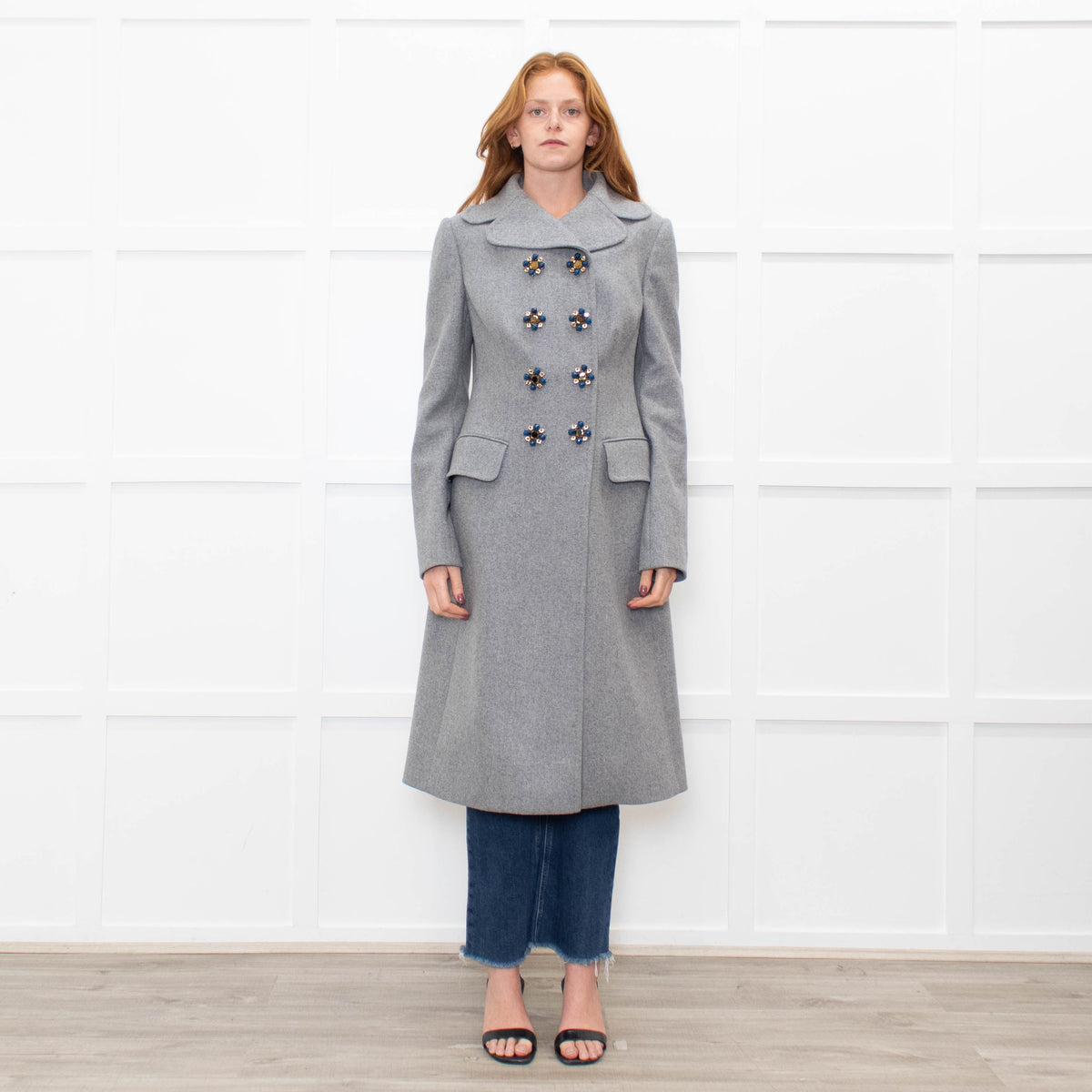 Dolce & Gabbana Grey Wool Crystal And Bead Button Long Coat