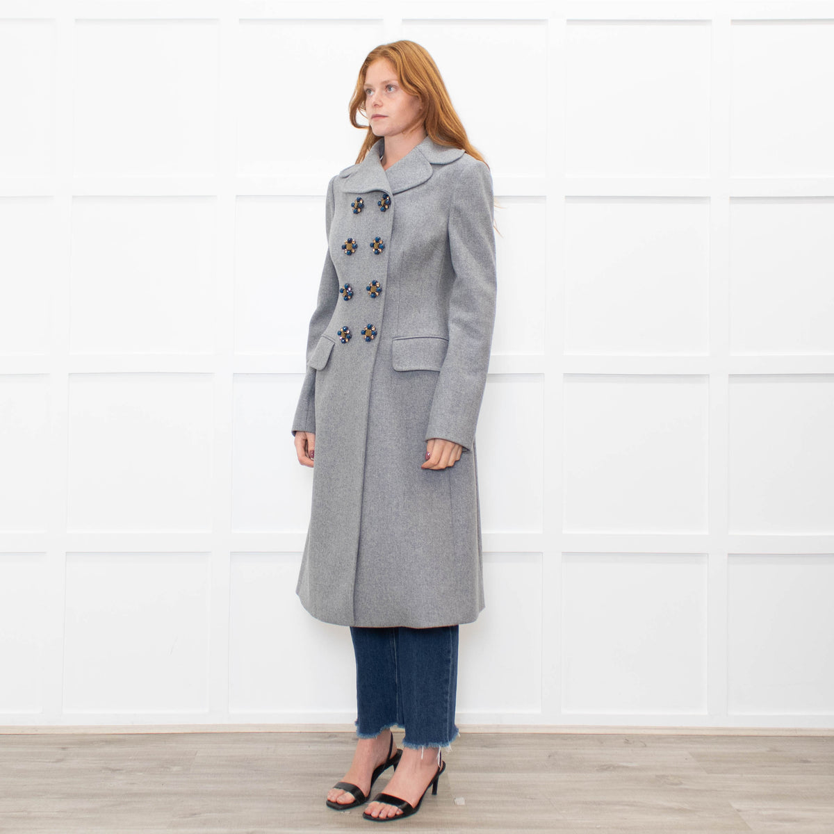 Dolce & Gabbana Grey Wool Crystal And Bead Button Long Coat
