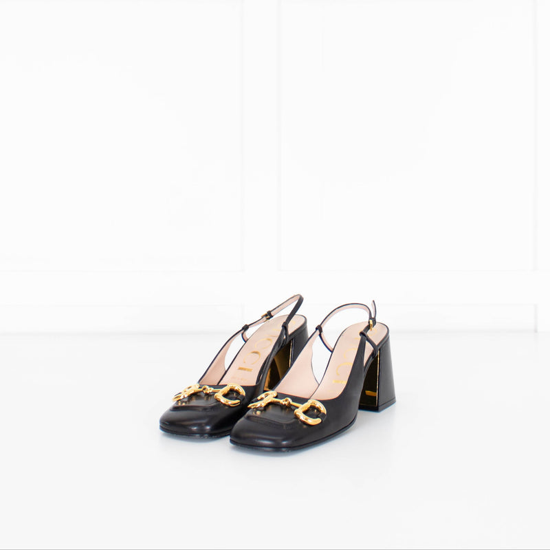 Gucci Black Leather Horsebit Heeled Slingbacks