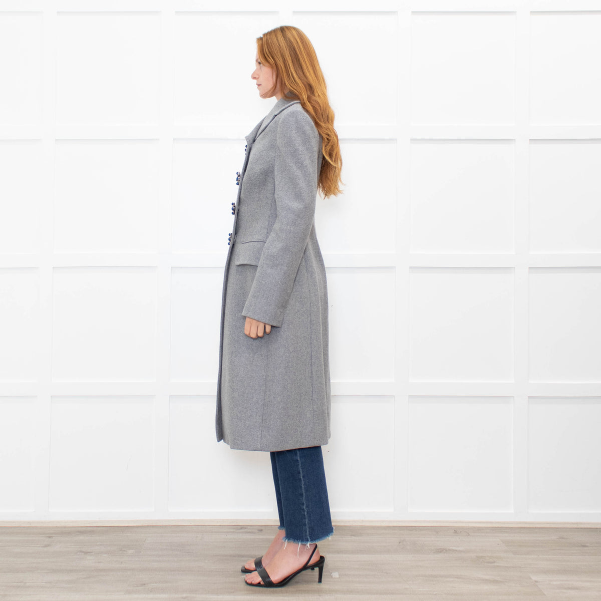 Dolce & Gabbana Grey Wool Crystal And Bead Button Long Coat