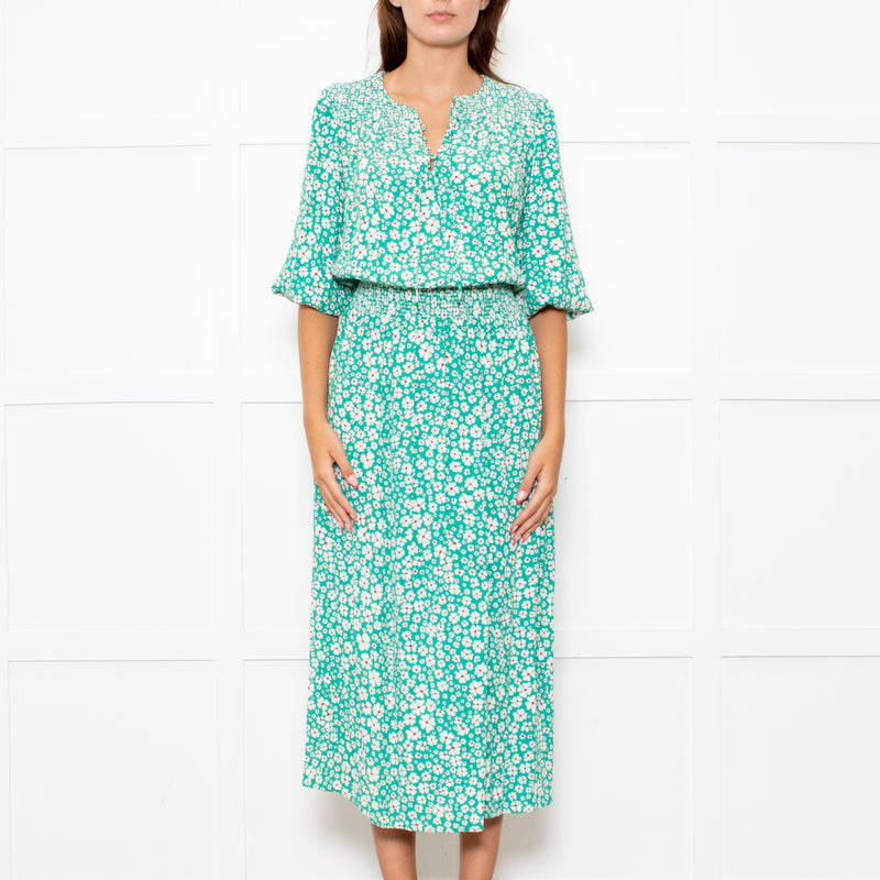 Rixo Jade Green Cream Red Flower Smock Waist Maxi Dress