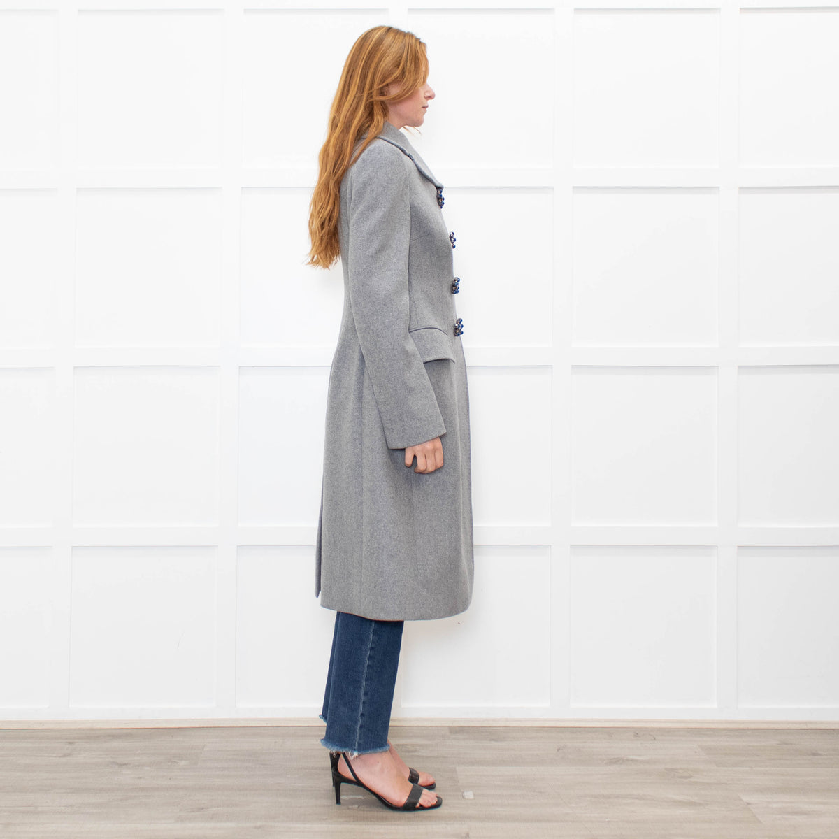 Dolce & Gabbana Grey Wool Crystal And Bead Button Long Coat