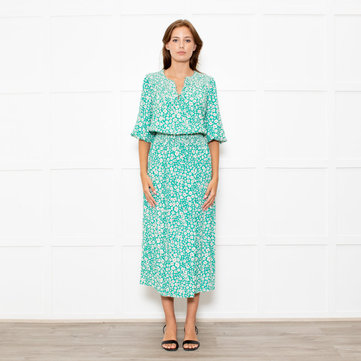 Rixo Jade Green Cream Red Flower Smock Waist Maxi Dress