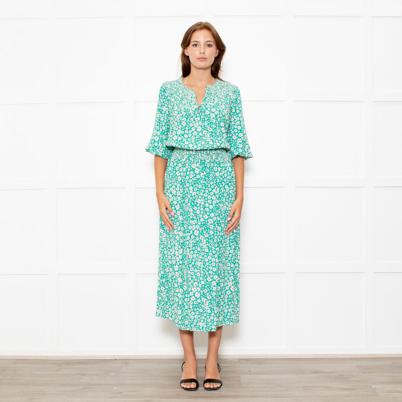 Rixo Jade Green Cream Red Flower Smock Waist Maxi Dress