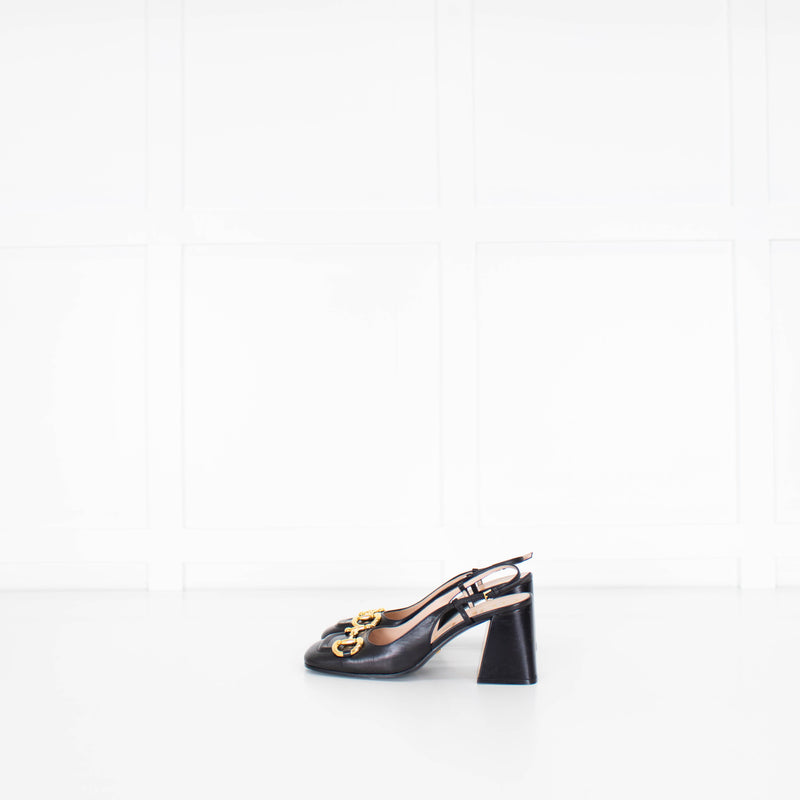 Gucci Black Leather Horsebit Heeled Slingbacks