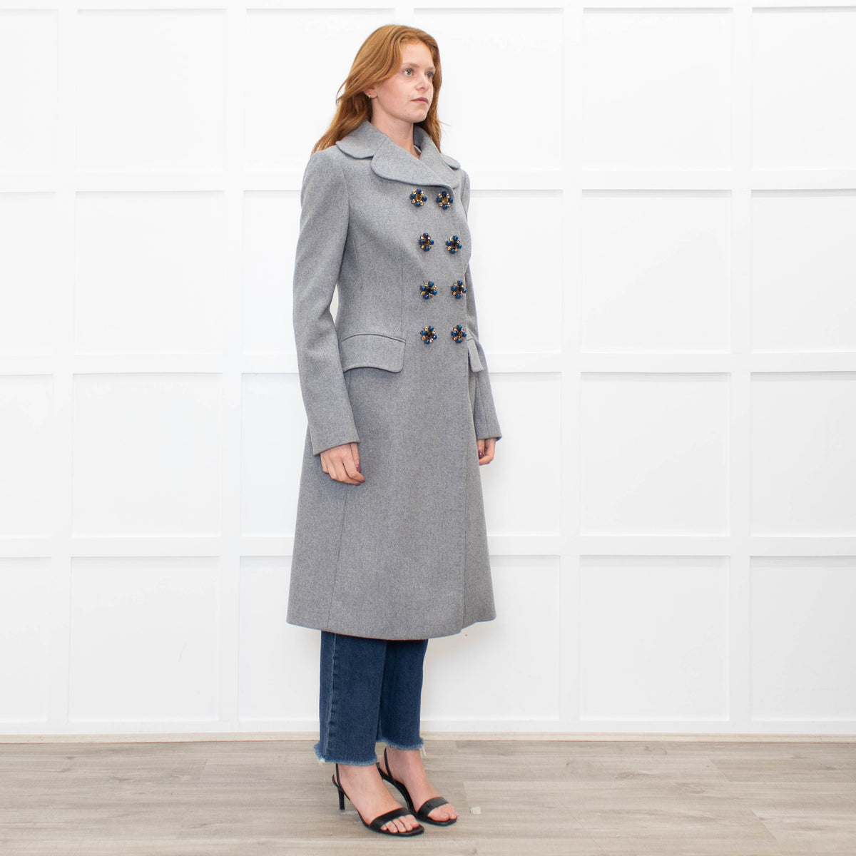 Dolce & Gabbana Grey Wool Crystal And Bead Button Long Coat