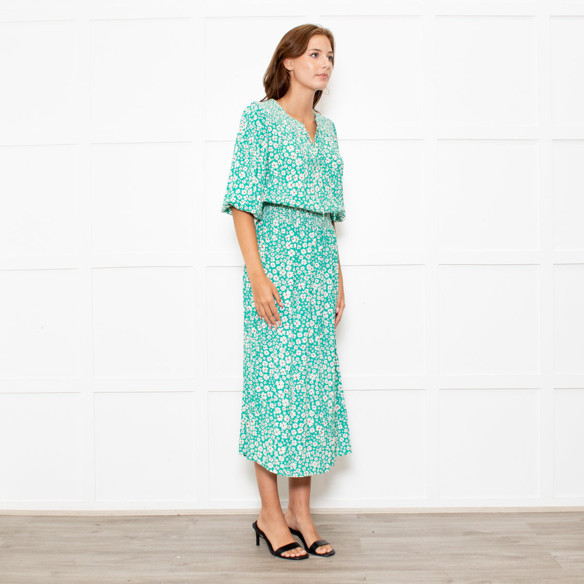 Rixo Jade Green Cream Red Flower Smock Waist Maxi Dress