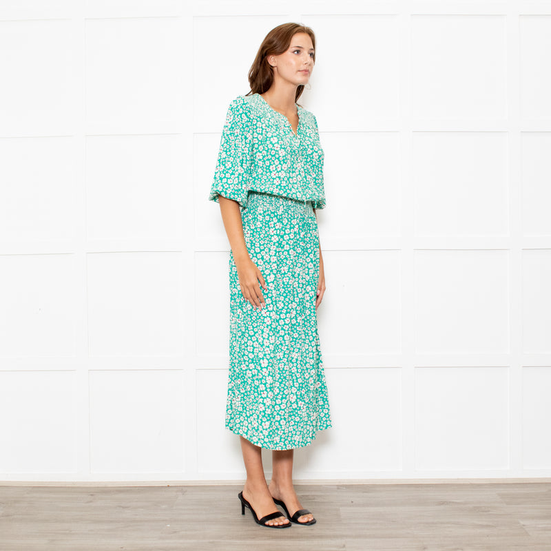 Rixo Jade Green Cream Red Flower Smock Waist Maxi Dress