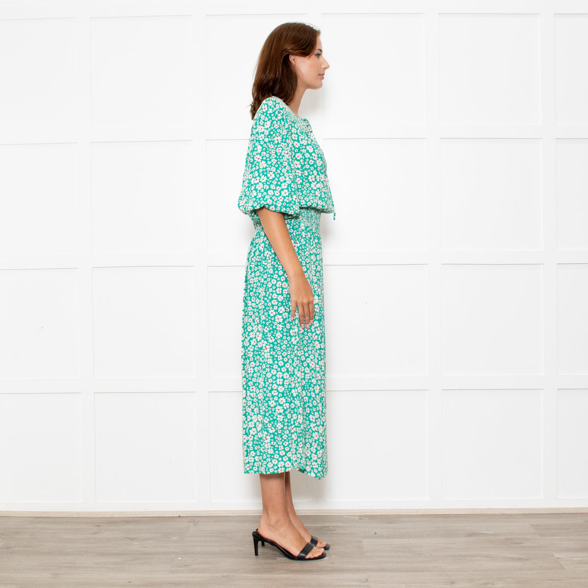 Rixo Jade Green Cream Red Flower Smock Waist Maxi Dress