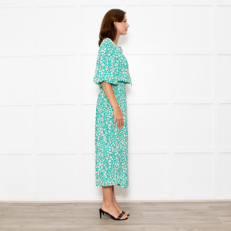 Rixo Jade Green Cream Red Flower Smock Waist Maxi Dress
