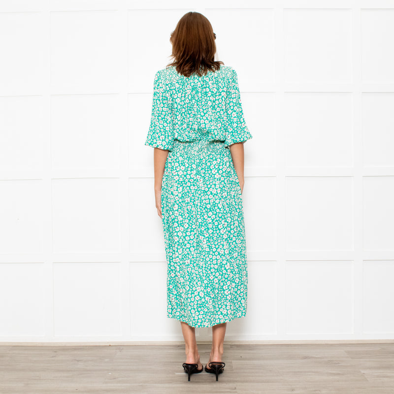 Rixo Jade Green Cream Red Flower Smock Waist Maxi Dress