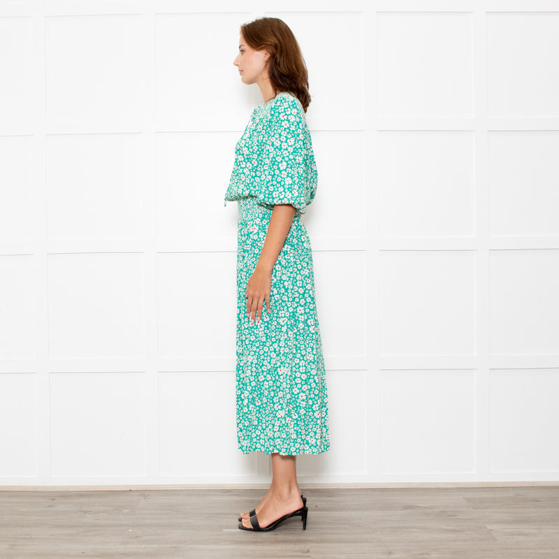 Rixo Jade Green Cream Red Flower Smock Waist Maxi Dress