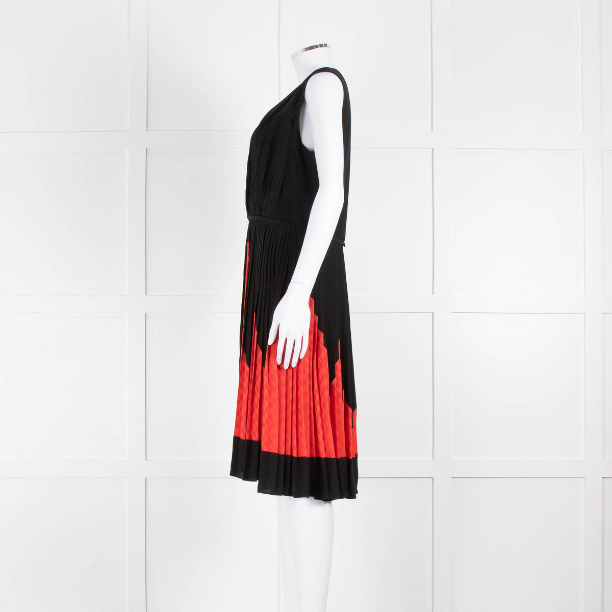 Martin Grant Black & Red Silk Micro Pleated Sleeveless Dress